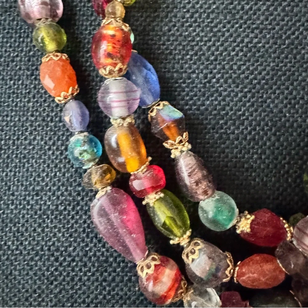 VTG Czech Multicolor 16” Glass Bead 3 Strand Necklace‎ Gold Accents Boho Chic